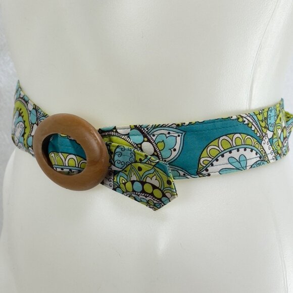 VERA BRADLEY Reversible Fabric Belt Wooden Buckle Blue & Green Floral Patterns - Picture 3 of 11